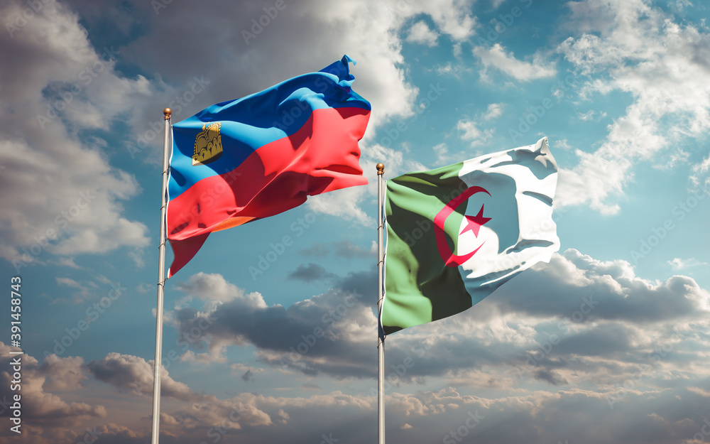 Beautiful national state flags of Liechtenstein and Algeria together at the sky background. 3D artwork concept. Beautiful national state flags of Liechtenstein and Algeria together at the sky background. 3D artwork concept.