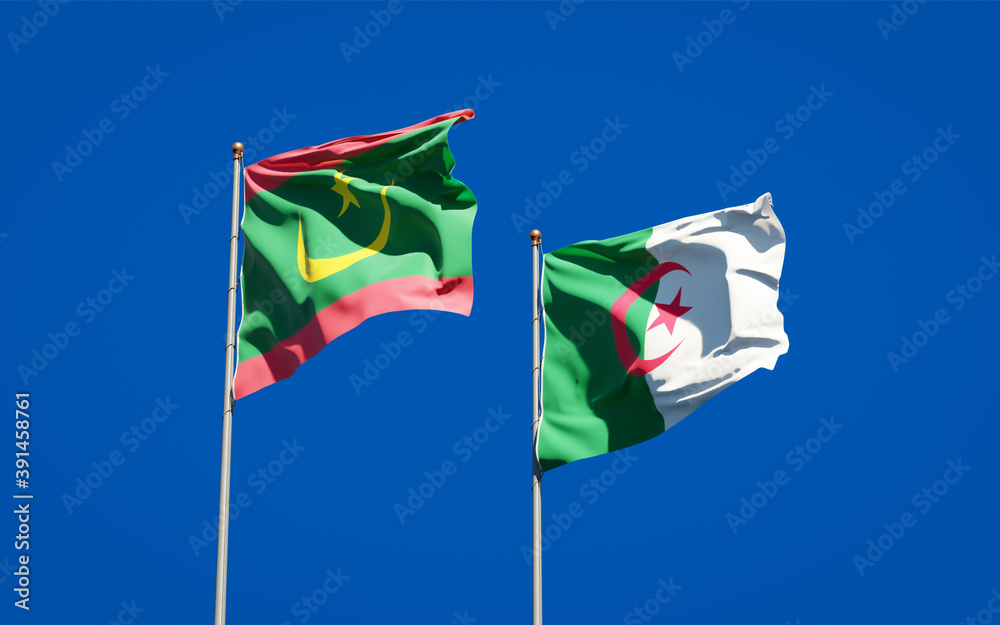 Beautiful national state flags of Mauritania and Algeria together at the sky background. 3D artwork concept. Beautiful national state flags of Mauritania and Algeria together at the sky background. 3D artwork concept.