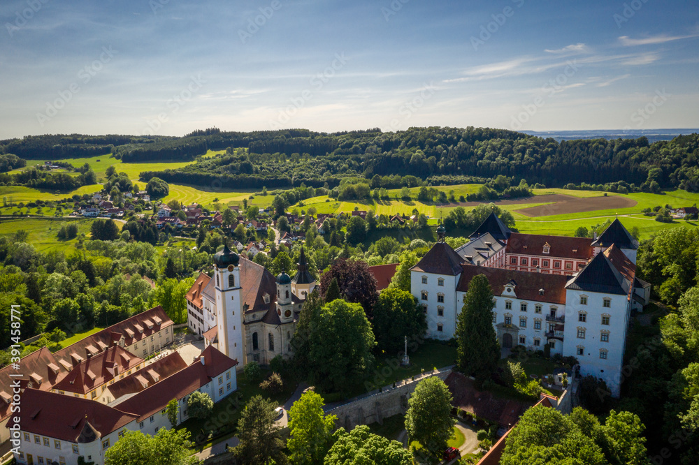 Aerial drone shot of the basilica in Weingarten, Germany