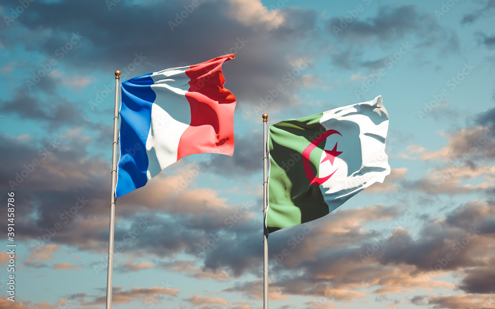 Beautiful national state flags of France and Algeria together at the sky background. 3D artwork concept. Beautiful national state flags of France and Algeria together at the sky background. 3D artwork concept.
