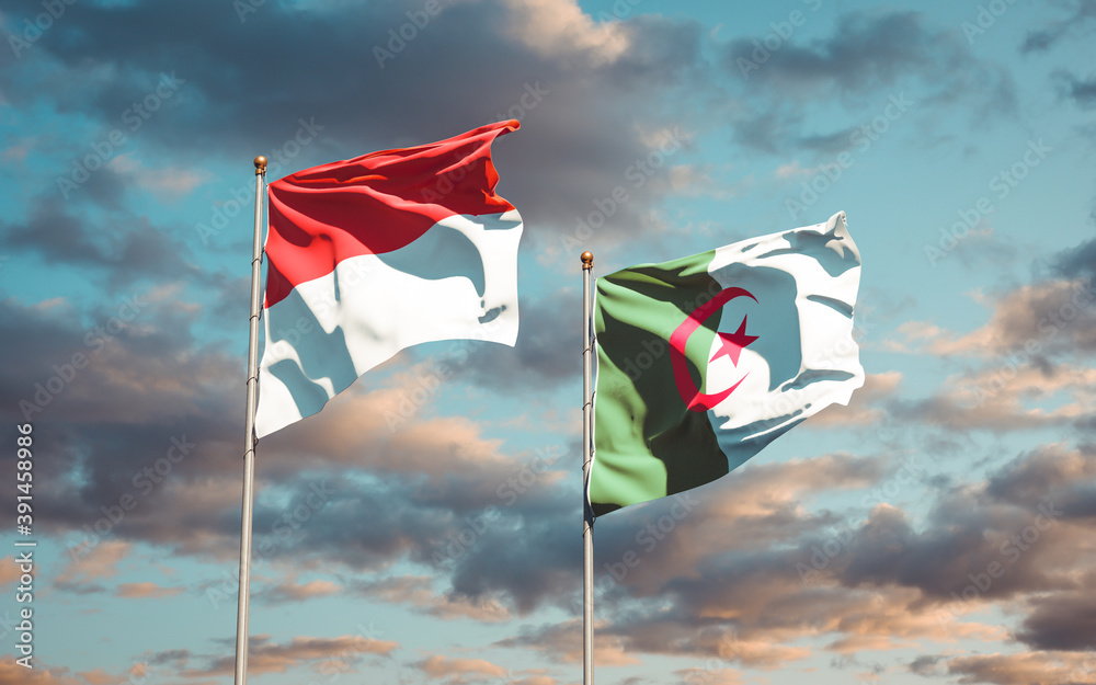 Beautiful national state flags of Monaco and Algeria together at the sky background. 3D artwork concept. Beautiful national state flags of Monaco and Algeria together at the sky background. 3D artwork concept.