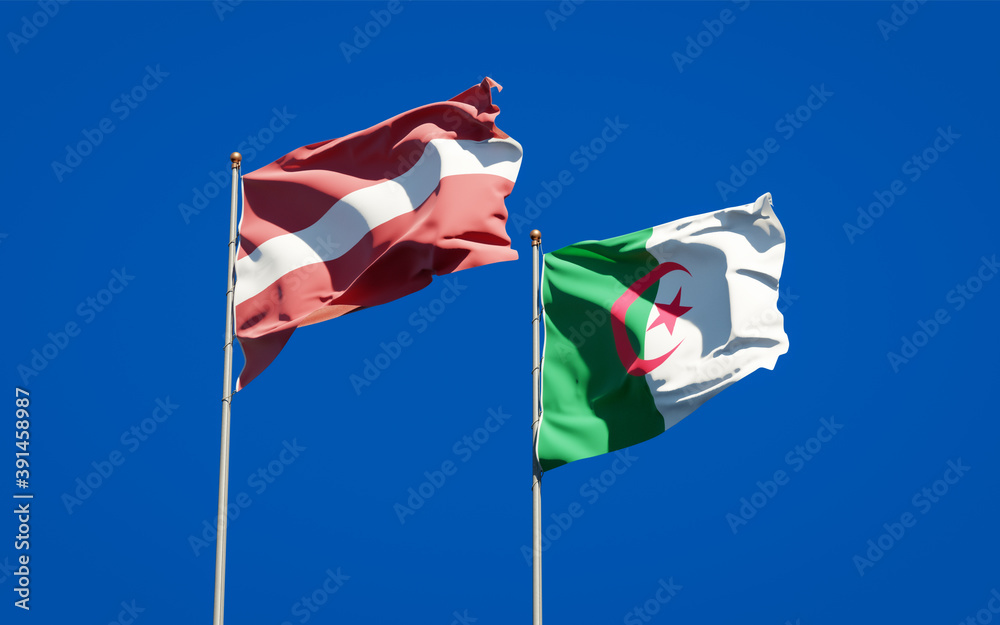 Beautiful national state flags of Latvia and Algeria together at the sky background. 3D artwork concept. Beautiful national state flags of Latvia and Algeria together at the sky background. 3D artwork concept.