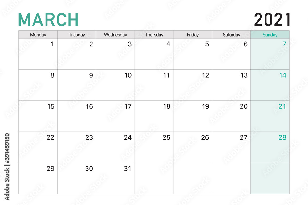 2021 March illustration vector desk calendar weeks start on Monday in light green and white theme - obrazy, fototapety, plakaty 