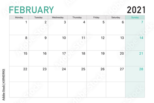 2021 February illustration vector desk calendar weeks start on Monday in light green and white theme