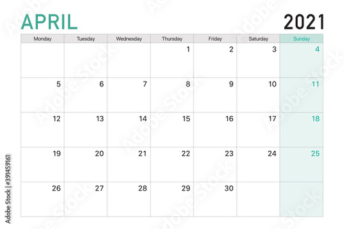 2021 April illustration vector desk calendar weeks start on Monday in light green and white theme