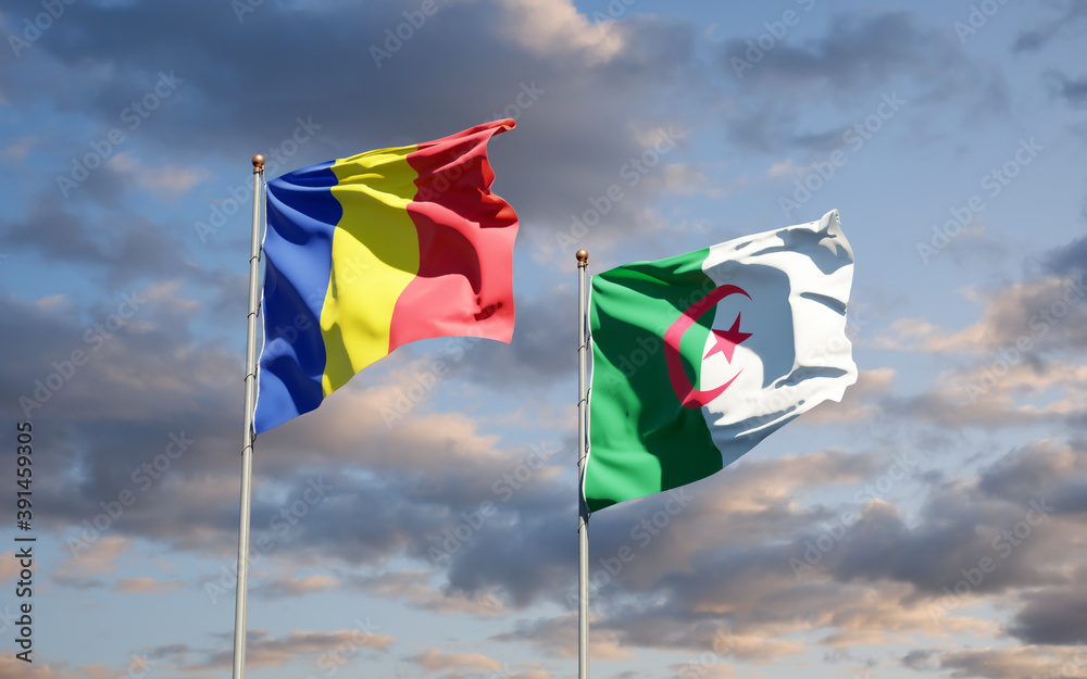 Beautiful national state flags of Romania and Algeria together at the sky background. 3D artwork concept. Beautiful national state flags of Romania and Algeria together at the sky background. 3D artwork concept.