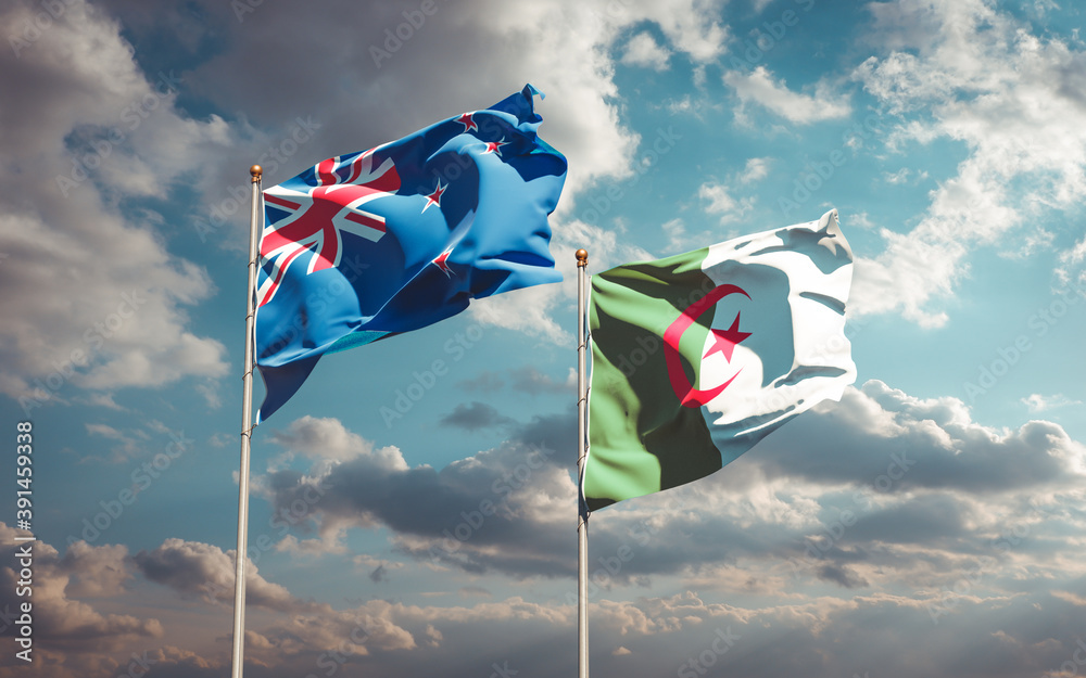 Beautiful national state flags of New Zealand and Algeria together at the sky background. 3D artwork concept. Beautiful national state flags of New Zealand and Algeria together at the sky background. 3D artwork concept.