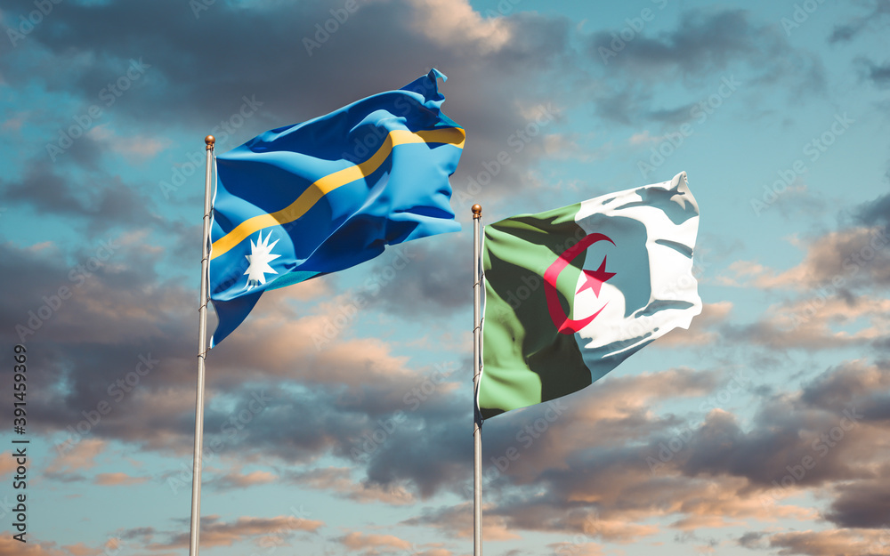 Beautiful national state flags of Nauru and Algeria together at the sky background. 3D artwork concept. Beautiful national state flags of Nauru and Algeria together at the sky background. 3D artwork concept.
