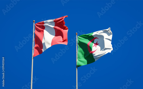Beautiful national state flags of Peru and Algeria together at the sky background. 3D artwork concept.