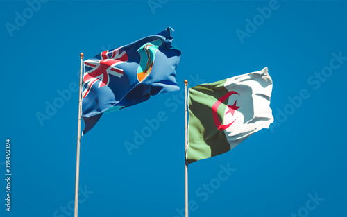 Beautiful national state flags of Montserrat and Algeria together at the sky background. 3D artwork concept.