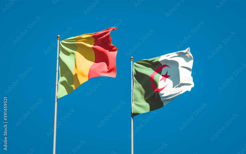 Beautiful national state flags of Mali and Algeria together at the sky background. 3D artwork concept. Beautiful national state flags of Mali and Algeria together at the sky background. 3D artwork concept.