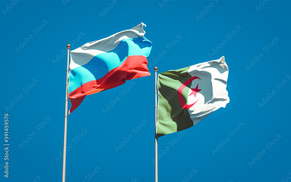 Beautiful national state flags of New Russia and Algeria together at the sky background. 3D artwork concept. Beautiful national state flags of New Russia and Algeria together at the sky background. 3D artwork concept.