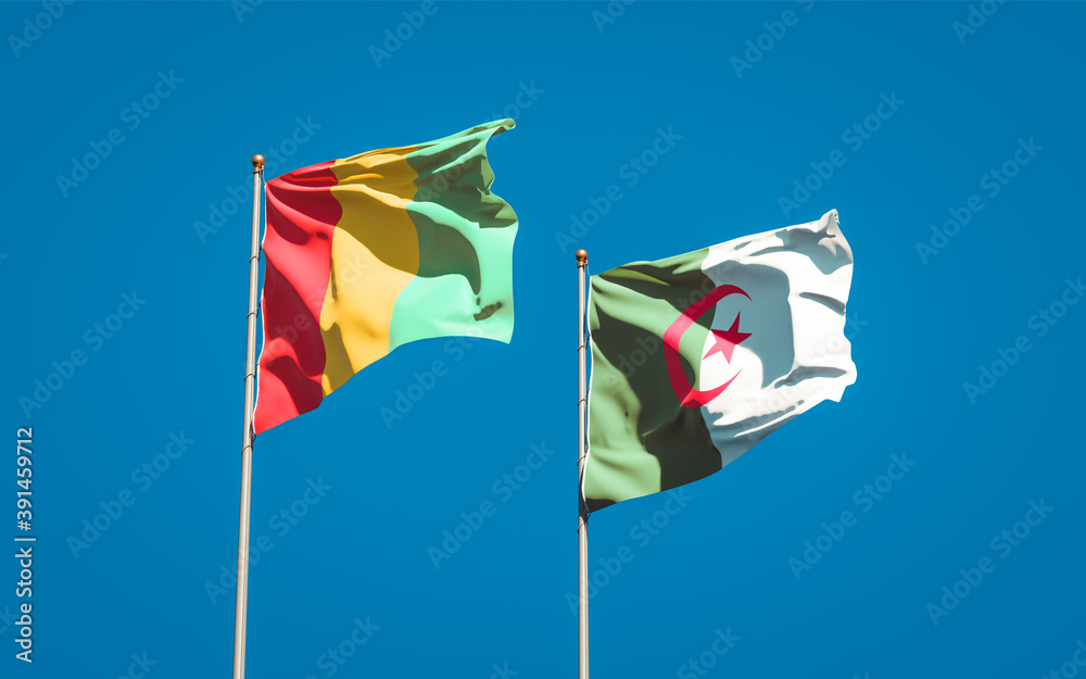 Beautiful national state flags of Guinea and Algeria together at the sky background. 3D artwork concept.