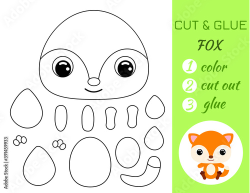 Simple educational game coloring page cut and glue sitting baby fox for kids. Educational paper game for preschool children. Color, cut parts and glue on paper. Vector stock illustration.