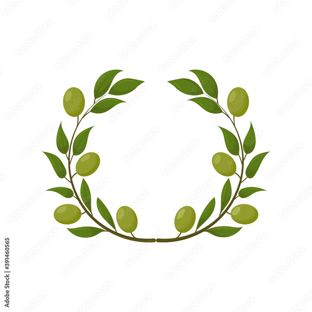 Organic olive products set. Wreath of green olives. Healthy organic products cartoon vector