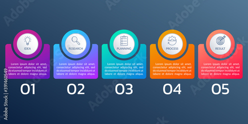 5 step or option infographic elements with business icons and text. Timeline info graphic, flow chart, layout, finance workflow template. Vector illustration.