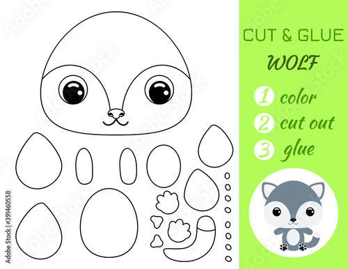 Simple educational game coloring page cut and glue sitting baby wolf for kids. Educational paper game for preschool children. Color, cut parts and glue on paper. Vector stock illustration.