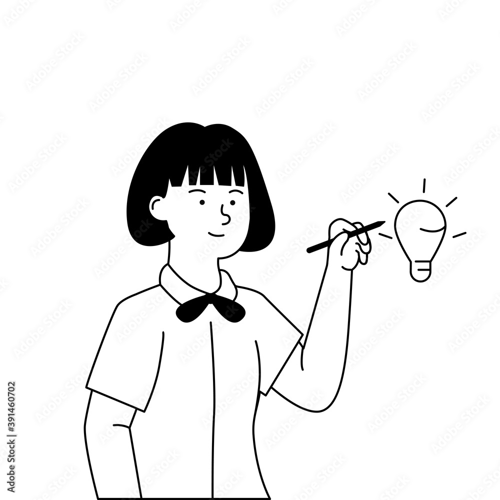 Flat Black and White Illustration of Girl Drawing Idea Concept