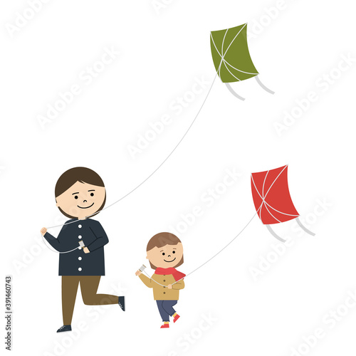 凧揚げをする女性と女の子のイラスト