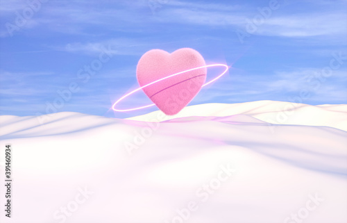 Fluffy heart on winter background. 3d render.