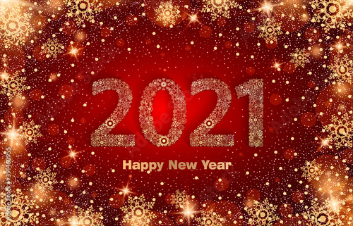 Happy New Year 2021. Background with golden sparkling texture snowflake. Gold Numbers 20, 2, 0, 1, 01. Bright foil surface. Vector Illustration for holiday greeting card, calendar with snowflakes photo