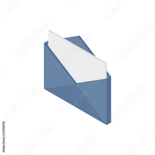 Read message isometric icon. An open gray envelope with white sheet.