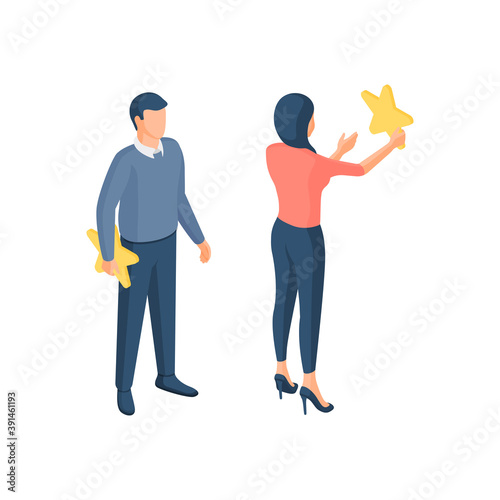 People increase online rating isometric vector illustration. Male and female characters hang and reinforce golden stars.
