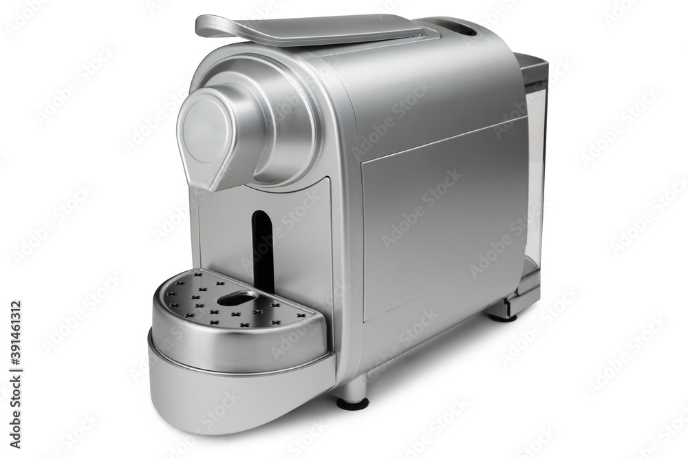 new silver capsule coffee machine, diagonal arrangement, on white background new silver capsule coffee machine, diagonal arrangement, on white background