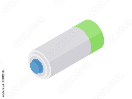 Finger battery isometric icon. Electric miniature gray accumulator with green stripe.
