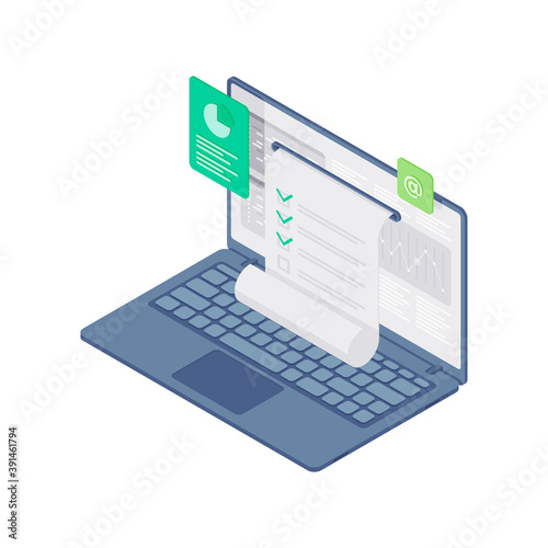 Online statistical testing isometric vector illustration. Notebook with drop down sheet with check marks and diagrams on screen.