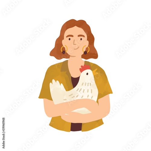 Portrait of young woman holding cute hen in her arms isolated on white background. Female character taking care of domestic farm animal. Vector illustration in flat cartoon style