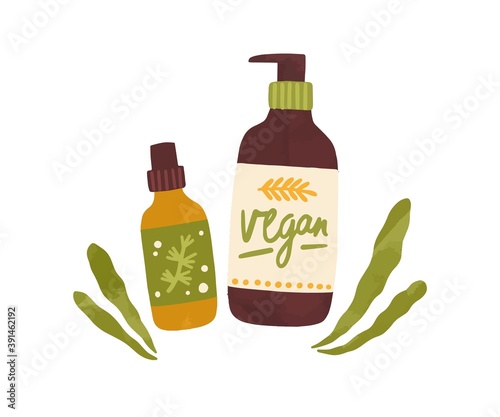 Vegan organic cosmetics in bottles isolated on white background. Flat vector cartoon illustration of herbal face and body care products. Moisturizing cream, gel or natural soap in eco pack