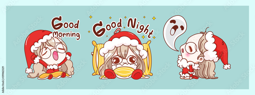 Cute Santa Claus sleepy and bedtime isolated on Merry Christmas background with characters design.