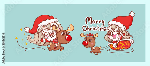 Cute Santa Claus riding reindeer and happy isolated on Merry Christmas background with characters design.