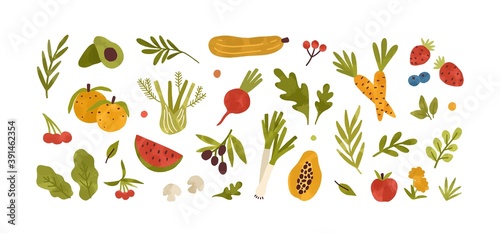 Set of different fresh vegetables, fruits, berries and salad greens. Collection of vitamin organic food. Healthy products. Flat vector cartoon illustration isolated on white background