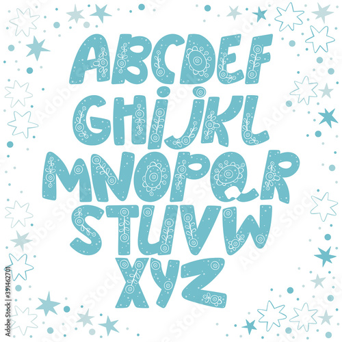 English alphabet. Paisley ornament letters. Square frame. Stars, snowflakes and dots. Isolated vector objects on white background.