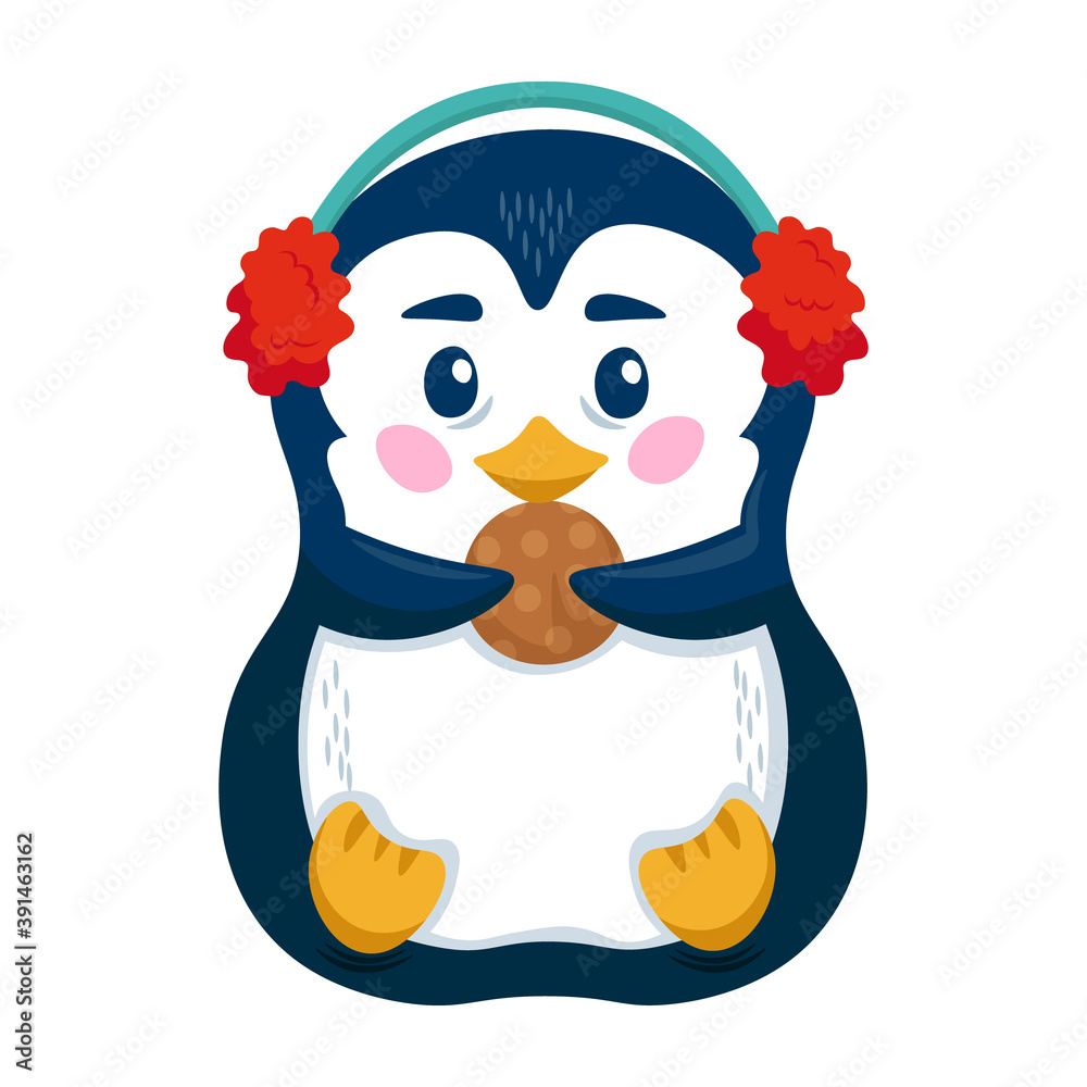Cute penguin with earmuffs and cookie. Funny penguin cartoon character.  Vector illustration. Stock Vector | Adobe Stock