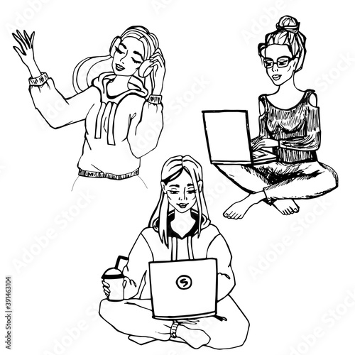 Set of fashionable girls working on laptop and listening to music on headphones, Trendy vector doodles of people, Collection of characters of modern women hand-drawn.