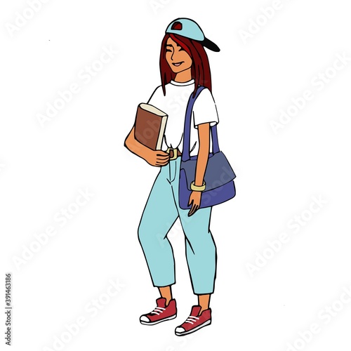 Girl in a baseball cap in a white T-shirt and blue jeans with a book in her hands and a bag on her shoulder, a female student with a bag and a book in her hand, illustration in doodle style hand-drawn