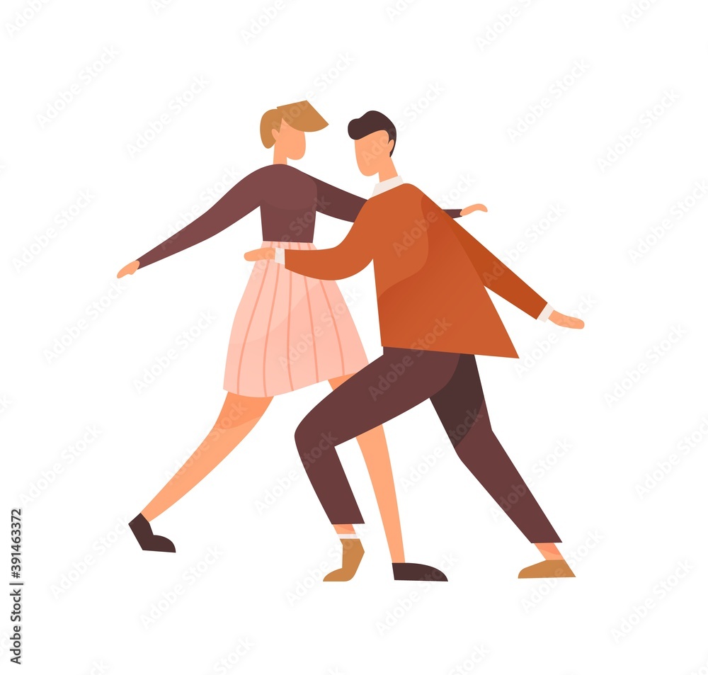 Faceless pair dancing lindy hop or boogie woogie. Cute man and woman enjoy party. Swing dancers couple of 1940s. Flat vector illustration isolated on white background