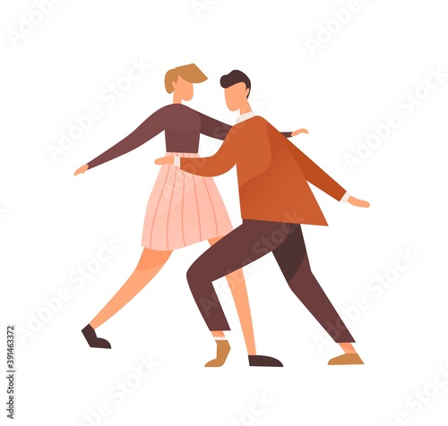 Faceless pair dancing lindy hop or boogie woogie. Cute man and woman enjoy party. Swing dancers couple of 1940s. Flat vector illustration isolated on white background