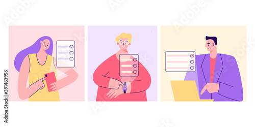 People voting online set. Modern electronic voting system for elections, polls and tests.