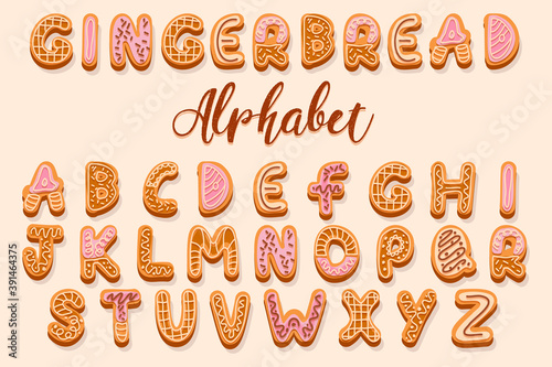 Christmas gingerbread cookies alphabet, decorated vector letters