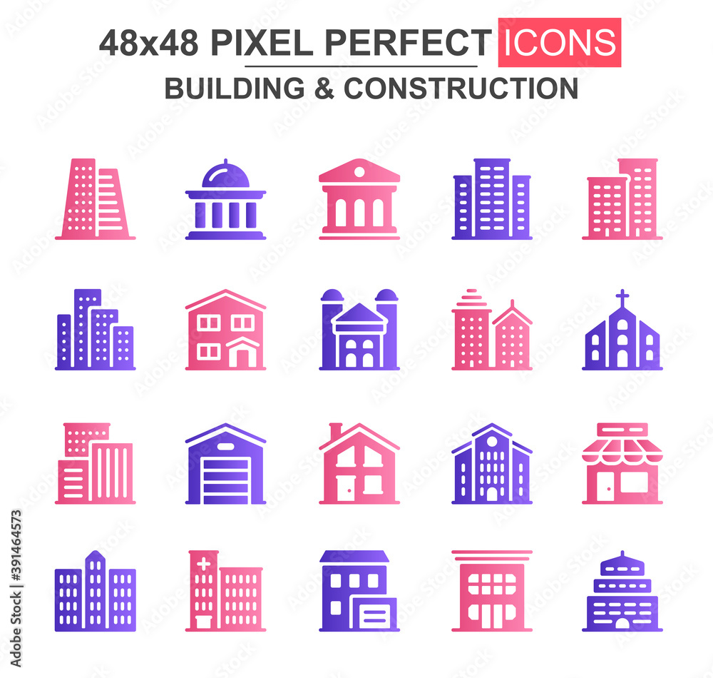 Building and construction glyph icon set. Church, cafe, museum, office center, skyscraper, clinic, hotel unique icons. Flat vector bundle for UI UX design. 48x48 pixel perfect GUI pictograms pack.