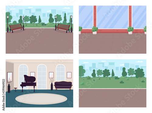 Urban street and luxury house flat color vector illustration set. Park walkway. Place for recreation 2D cartoon interior, landscape with house walls, city skyline on background collection