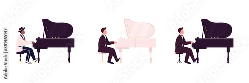 African and caucasian piano players flat color vector faceless character set. Classical, jazz musician. Live music concert isolated cartoon illustration for web graphic design and animation collection