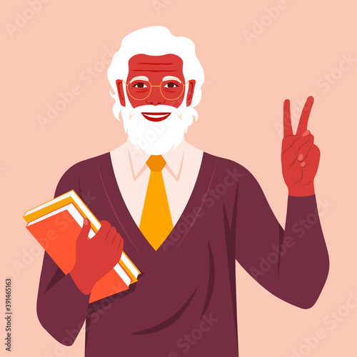 An elderly man with books smiling and showing a victory sign. Happy grandfather. Hand gesture. Vector flat illustration