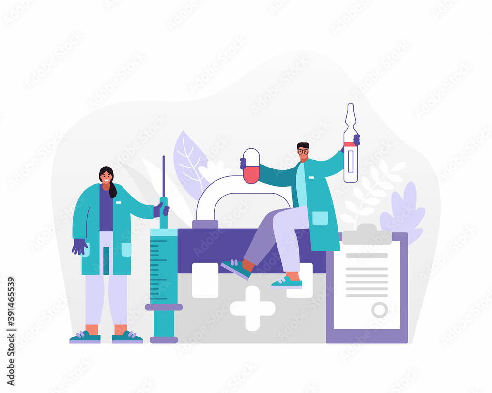 Male and female medical practitioners with various drugs Male and female medical practitioners with various drugs
