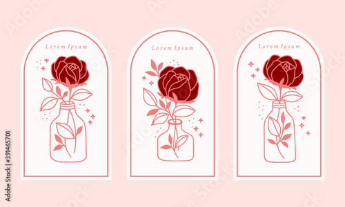 Hand drawn vintage pink botanical rose flower logo template, jar, bottle, and feminine beauty brand element collection