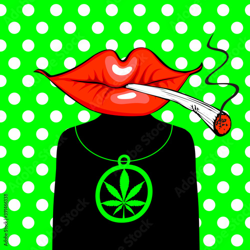 Creative illustration of a fictional creature with a girlish Smoking mouth instead of a head and with a medallion in the form of a cannabis leaf. Vector banner on the theme of marijuana legalization